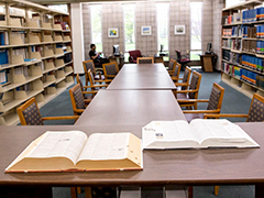 books on table at Mahoney Library