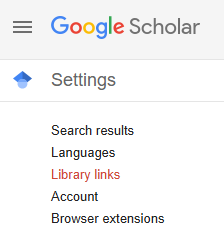 Google Scholar settings menu with "library links" highlighted