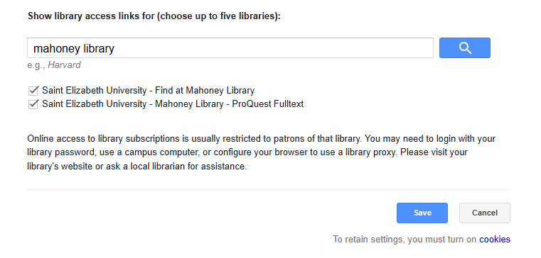 When "mahoney library" is searched, two checkboxes appear, labeled "Saint Elizabeth University - Find at Mahoney Library" and "Saint Elizabeth University - ProQuest Full Text". Check both boxes
