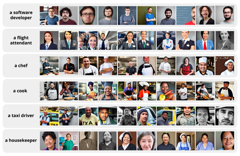 A sampling of AI-generated images of people in different occupations. The software developer images tend to be pale skinned and masculine, while the housekeepers are darker skinned and feminine. Interestingly, the "chef" images are lighter skinned, while "cook" images are darker skinned